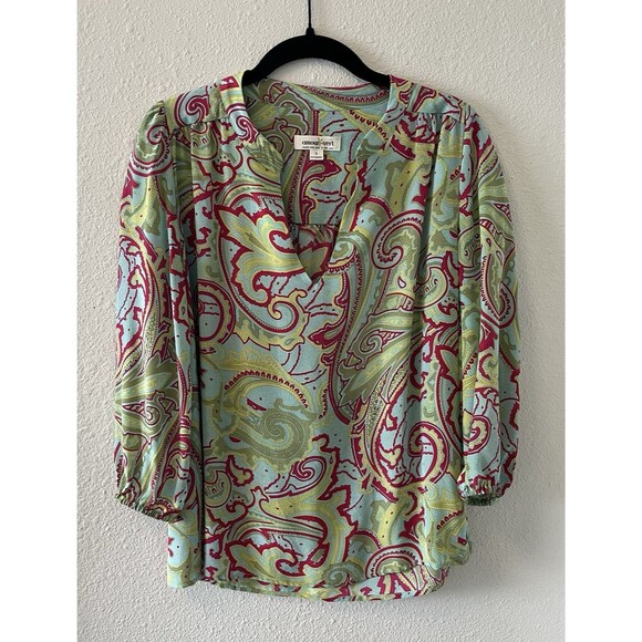 Amour Vert Tunic Top Size Small 100% Silk Paisley Green Pink Blue Split Neck - Picture 1 of 13